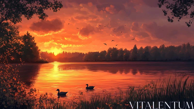 Sunset turns the quiet lake into a molten copper lullaby