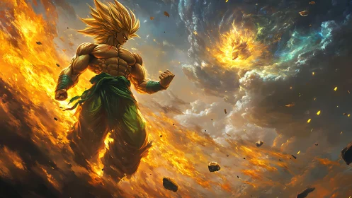 Solar storm warrior strides through a crumbling fiery sky