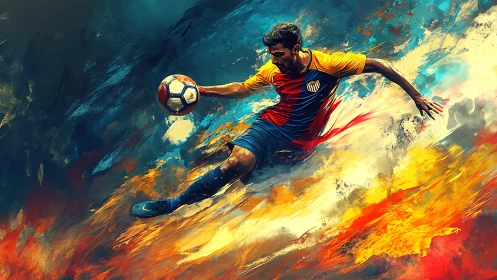 Soccer player strikes ball amid dynamic abstract paint streaks