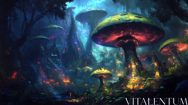 Bioluminescent mushroom forest glows under dense twilight canopy