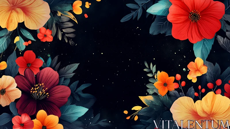 Vibrant Flowers Frame Dark Night Sky with Luminous Particles