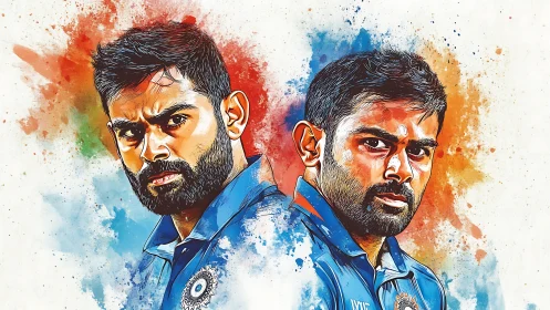 Dual portrait of cricketer in blue jersey on splatter background.