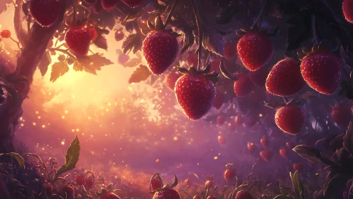 Luminous twilight strawberry grove with atmospheric depth rendering.