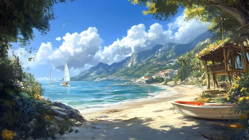 Sunny cove hideaway with sailboats and a cozy beach hut.