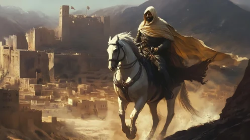 Hooded rider on white horse overlooking desert fortress.