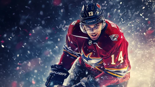 Hockey player in red jersey skates forward through ice spray