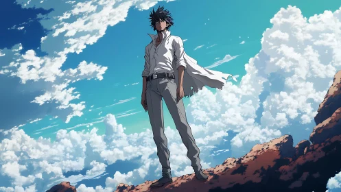 Solitary anime figure on rocky cliff against bright sky.