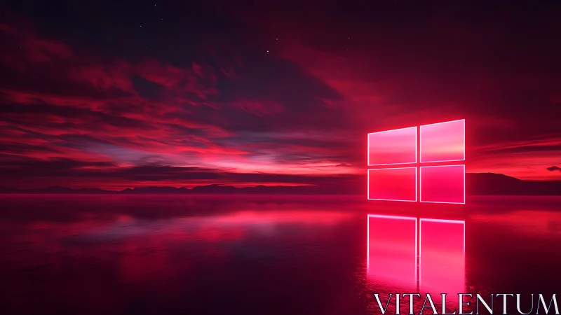 Neon window grid glows over reflective crimson seascape.
