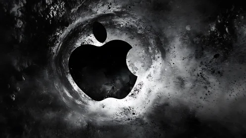 Cosmic Apple emblem swirling in monochrome nebula storm.