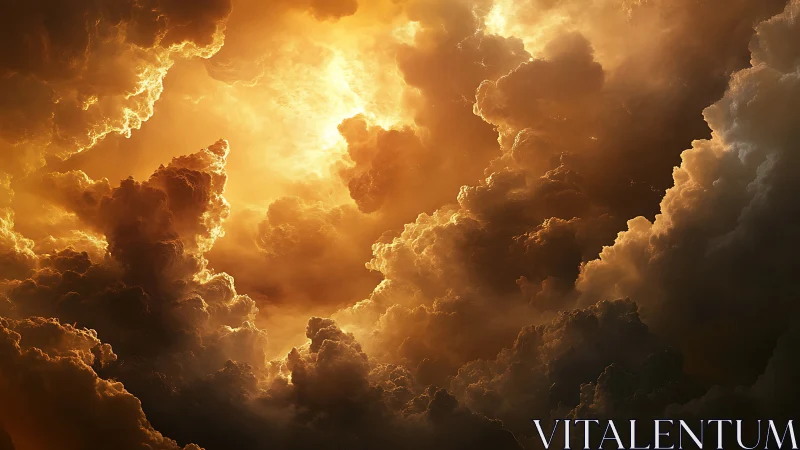 Sunlit storm clouds form dense glowing atmospheric structures.