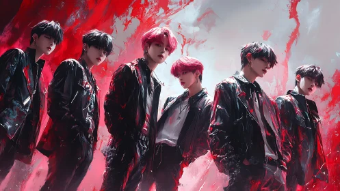 Futuristic boy band in red storm of abstract digital energy.