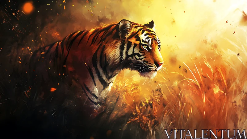 Tiger in blazing brushwork under molten sunset glow.
