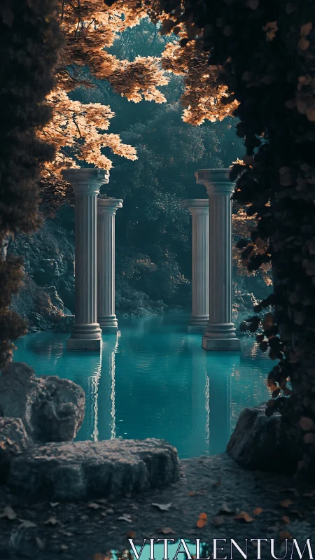 Leaflit ruins over a turquoise oracle pool dreamscape.