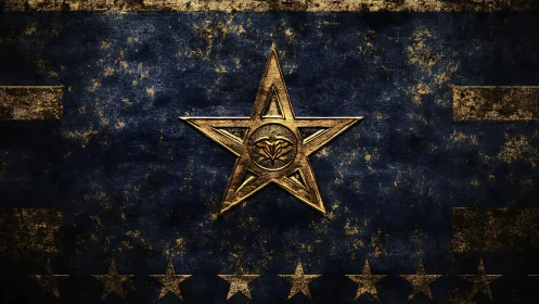 Weathered blue banner with central golden star emblem.