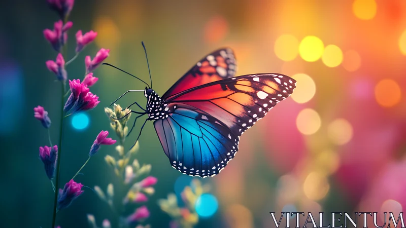 Vivid butterfly rests on wildflowers against bokeh sunset glow