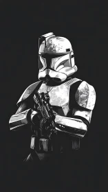 Battle-worn space trooper stands guard in moonlit armor.