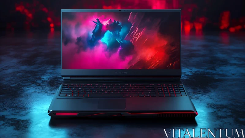 Gaming laptop with neon backlight and vivid display screen.