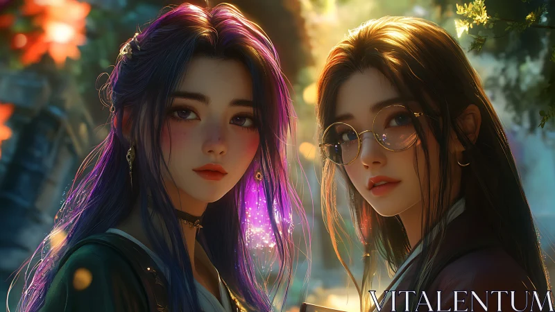 Two stylized young women in glowing forest light portrait