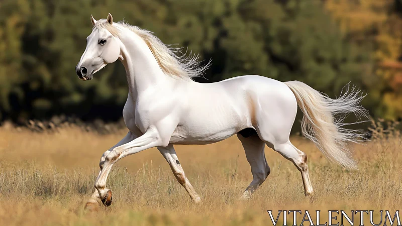 Elegant white horse gallops through a golden summer meadow.