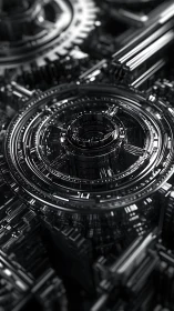 Gleaming mechanical rings in a calm futuristic maze.