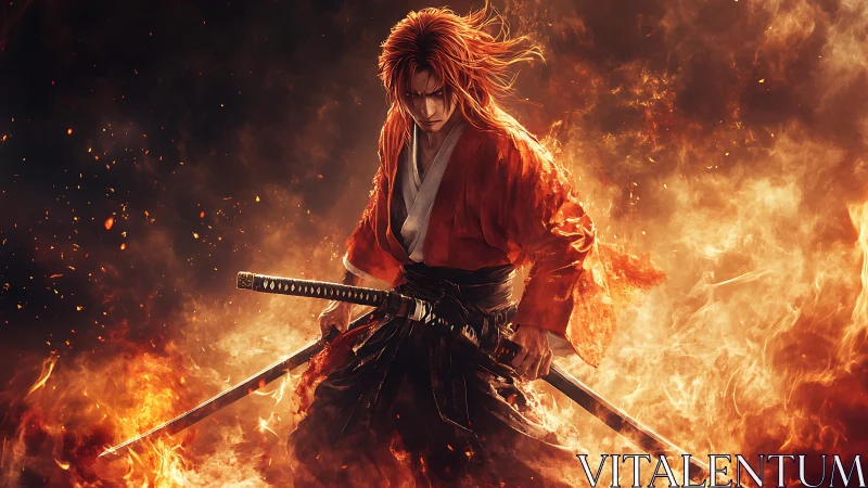 Firelit samurai warrior poised between calm and chaos.