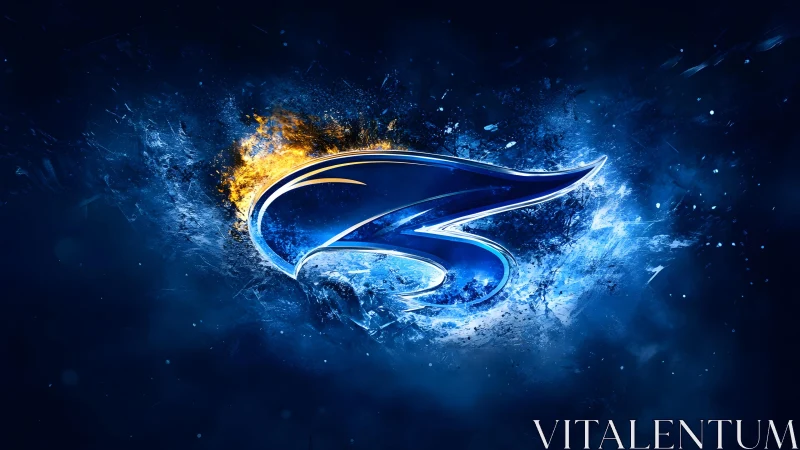 Futuristic blue metallic logo with fire and ice digital effects.