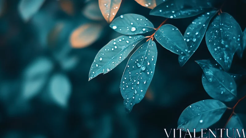 Raindrops sit on teal-toned leaves under shallow depth of field