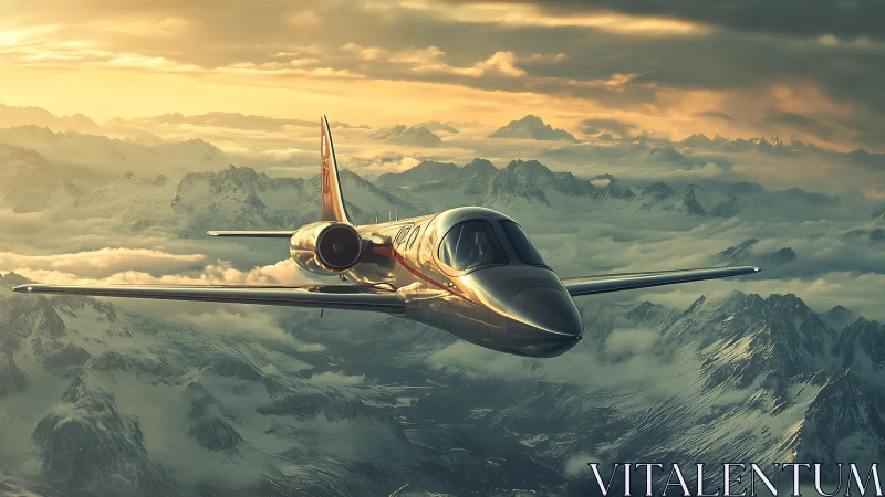 Sunlit jet slices through cloud seas above jagged peaks.