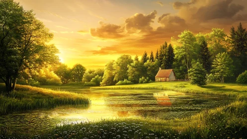 Golden lakeside sunset bathes secluded forest cottage in light.