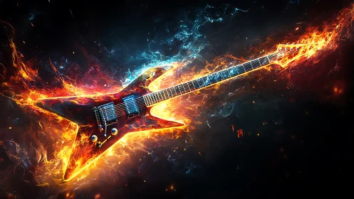 Fire-forged electric guitar blazing through cosmic night.