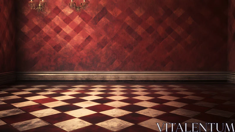 Empty red room with checkered floor and warm lighting.