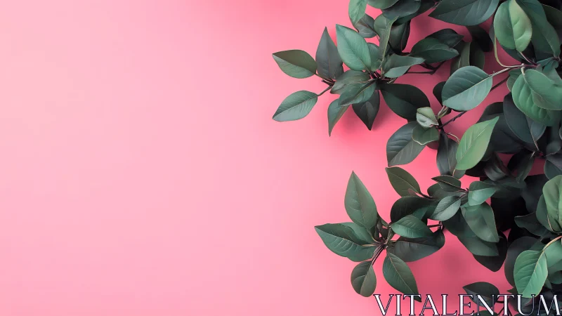 Minimalist rubber plant foliage on soft pink backdrop.