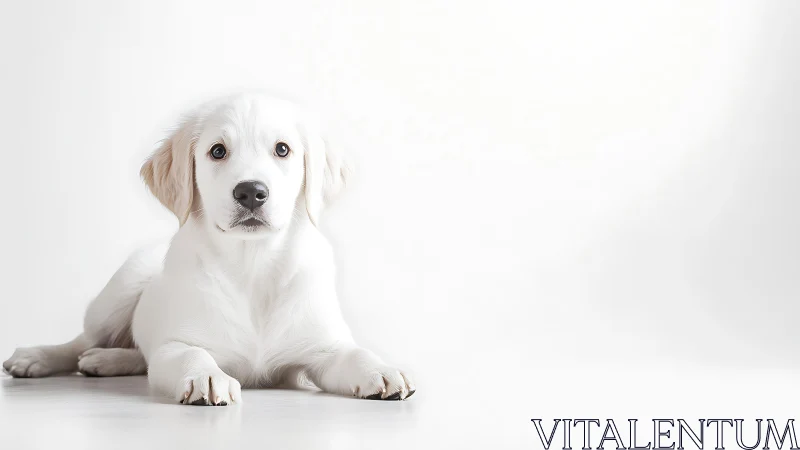 Snow-soft puppy gaze on glowing white daydream canvas.