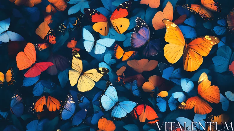 Chromatic butterfly swarm over deep teal botanical field.