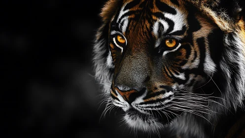 Golden-eyed tiger in quiet spotlight of shadow and light.