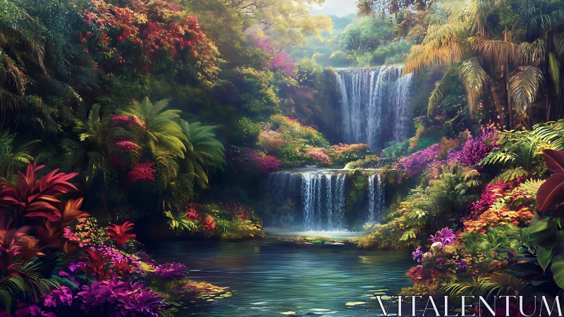 Layered tropical waterfalls framed by dense chromatic foliage