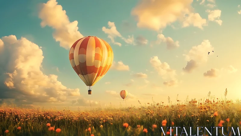 Sunlit hot air balloons drifting above golden wildflower fields.