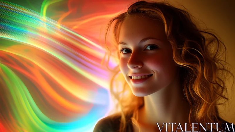 Smiling young woman with luminous multicolor light trails.
