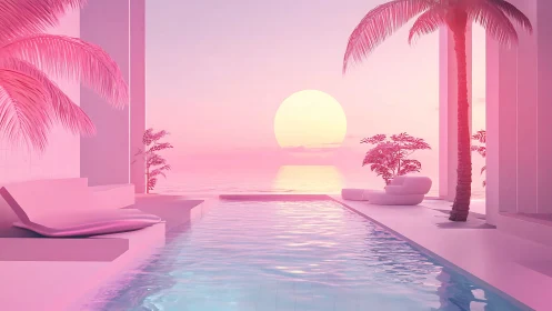 Pink minimalist pool terrace under neon ocean sunset.