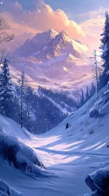 Snow-covered alpine valley extends toward distant mountain ridge