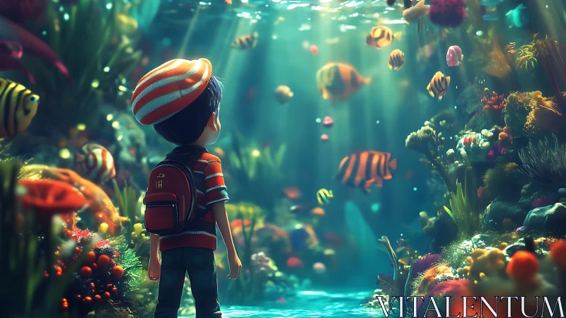 Young explorer wanders through luminous underwater coral world.