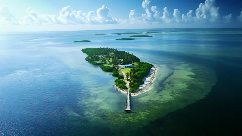 Verdant Peninsular Island with Architectural Structure and Coastal Morphology.