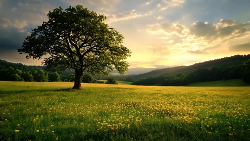 Solitary tree stands in sunlit meadow under dramatic sky