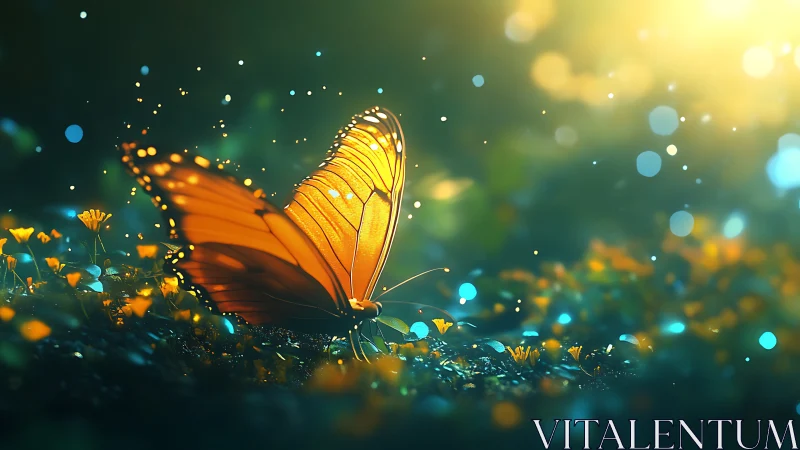 Golden butterfly rests in glowing bokeh meadow at dusk.