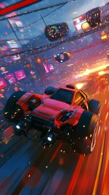 Turbocharged street comet slices through neon rain at dusk