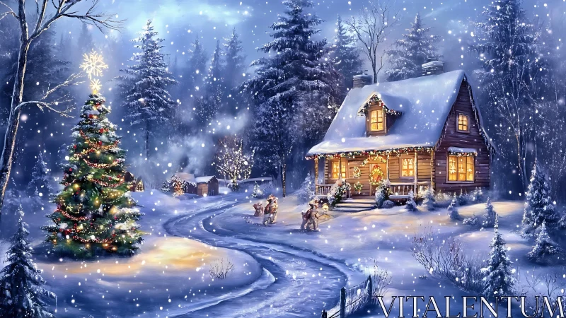 Snow-lit woodland cabin with glowing Christmas tree scene.