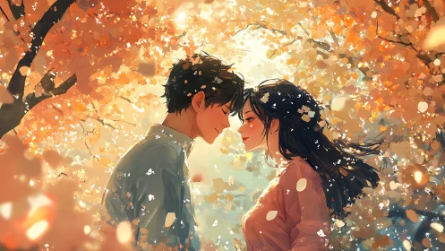 Couple stands close beneath dense autumn blossoms and light