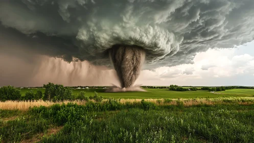 Massive tornado descends over open farmland under dark skies