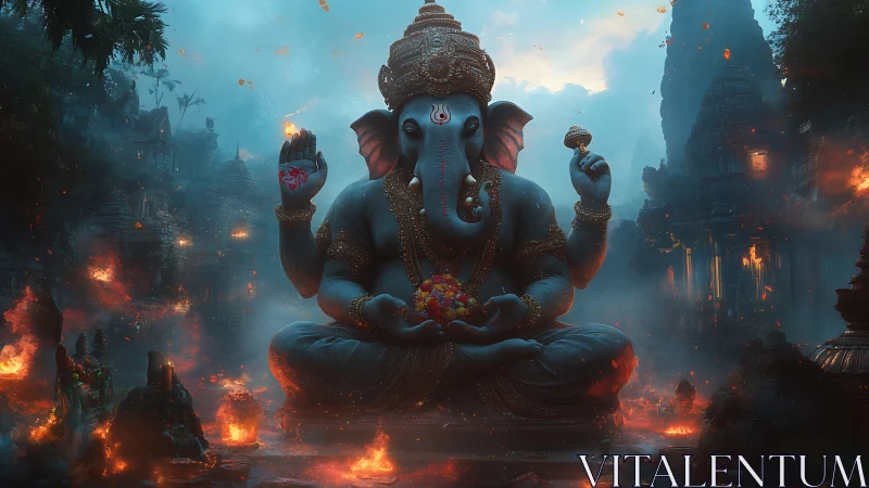 Colossal Ganesha statue sits amid burning temple ruins