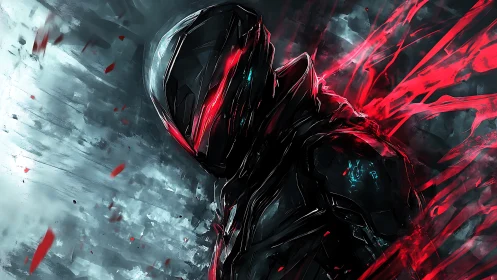 Cybernetic warrior emerges through violent crimson shards.